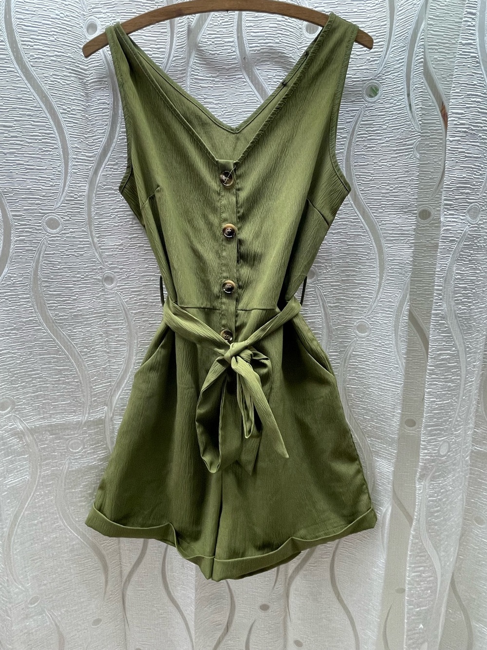 Unbranded Romper Womens S Olive Green Excellent Button Front Tie‎ Waist Pockets